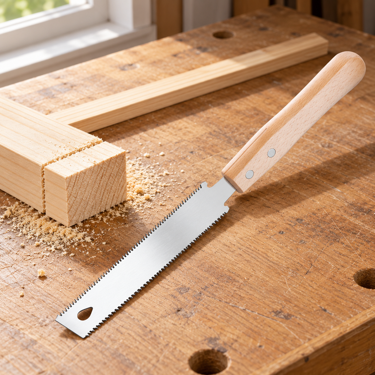 Double-Edge Hand Saw with Hardwood Handle — home project context