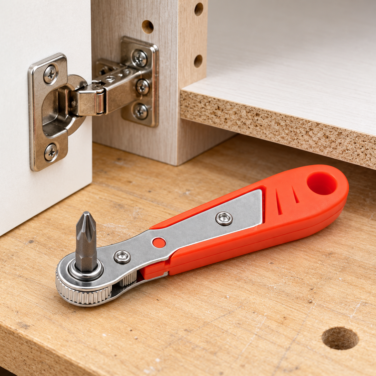 Orange Mini Ratchet Driver with One PH2 Bit — home project context